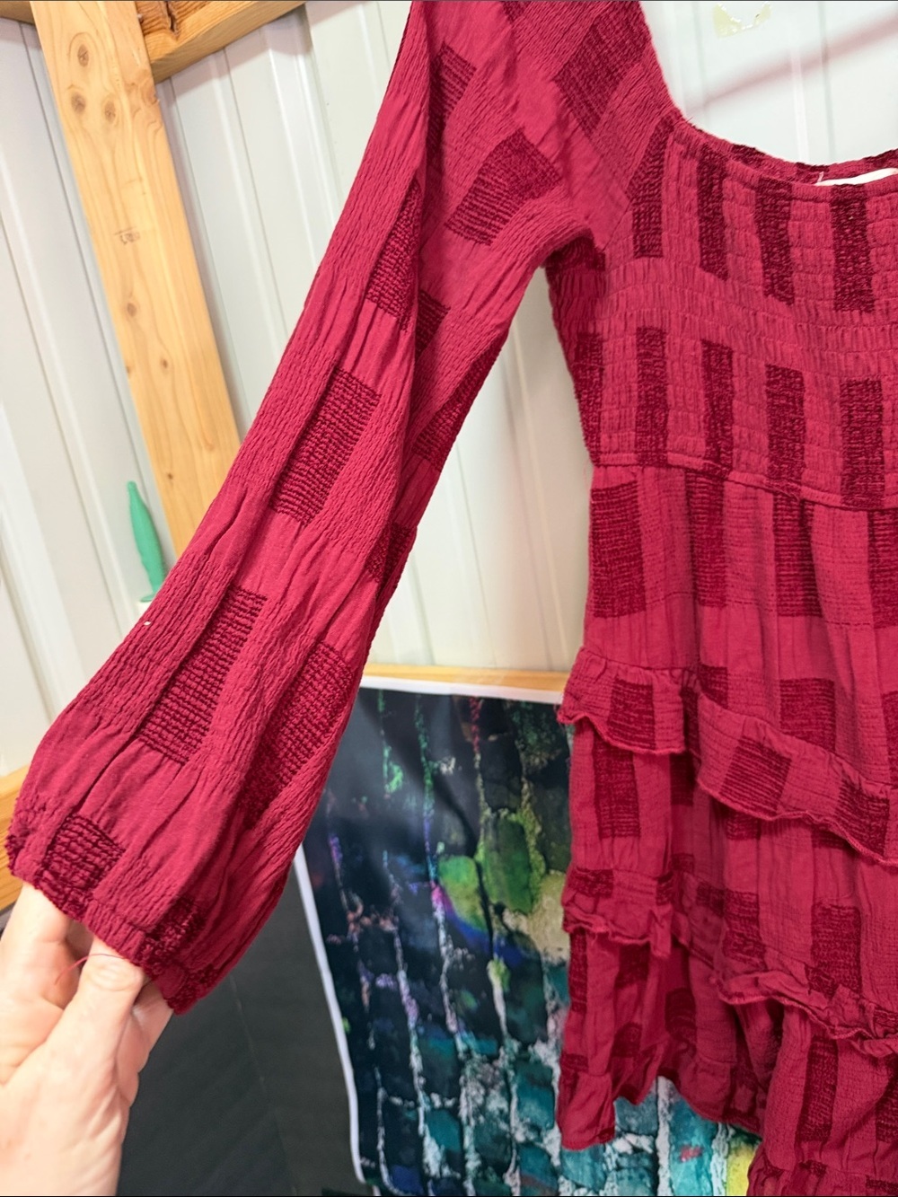 Textured Ruffled Tiered Dress in Deep Wine Red - Picture 2 of 5